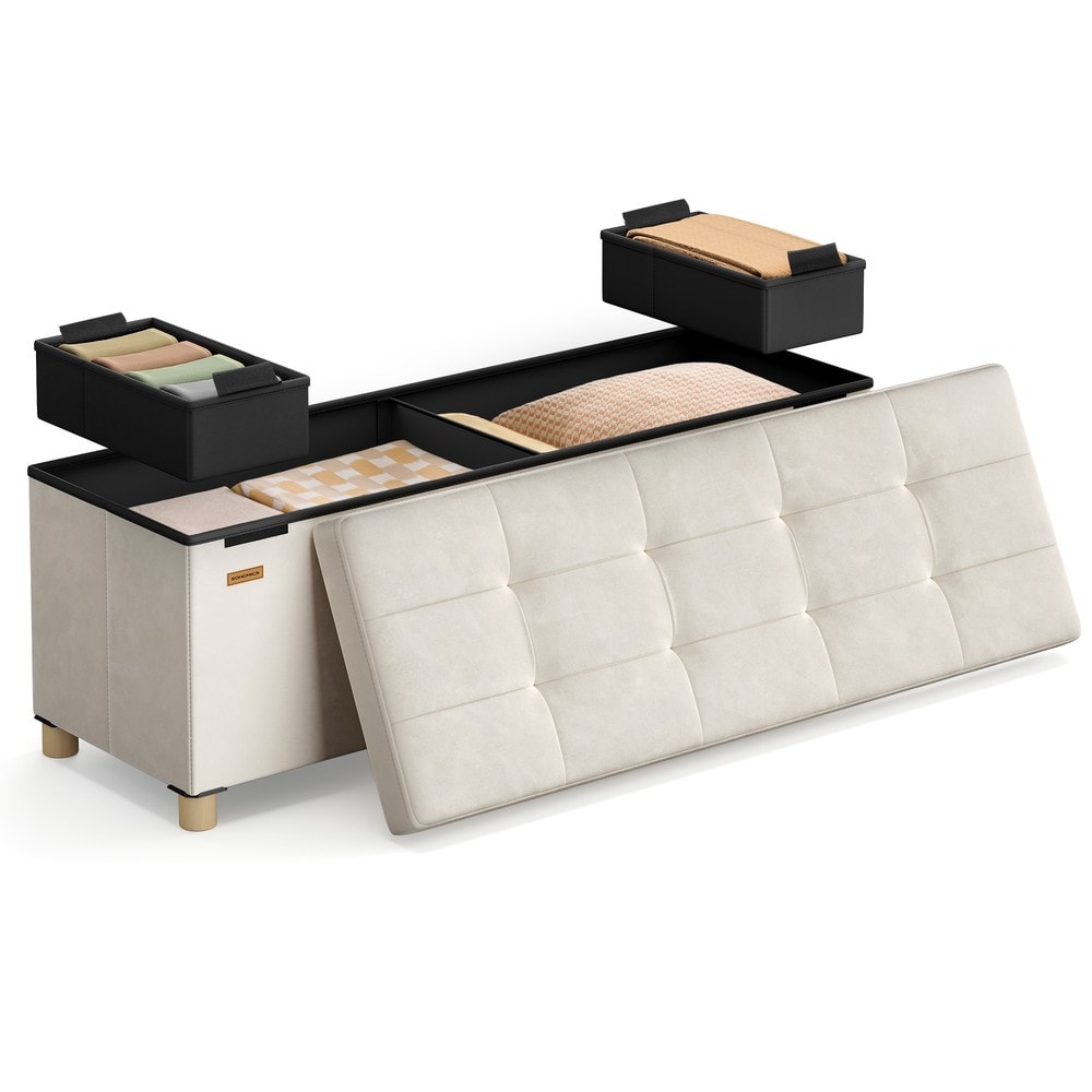 Sammenleggbar benk med oppbevaringsplass i fløyel, 110 cm – Beige / Oppbevaringsbenk / Fløyelsbenk