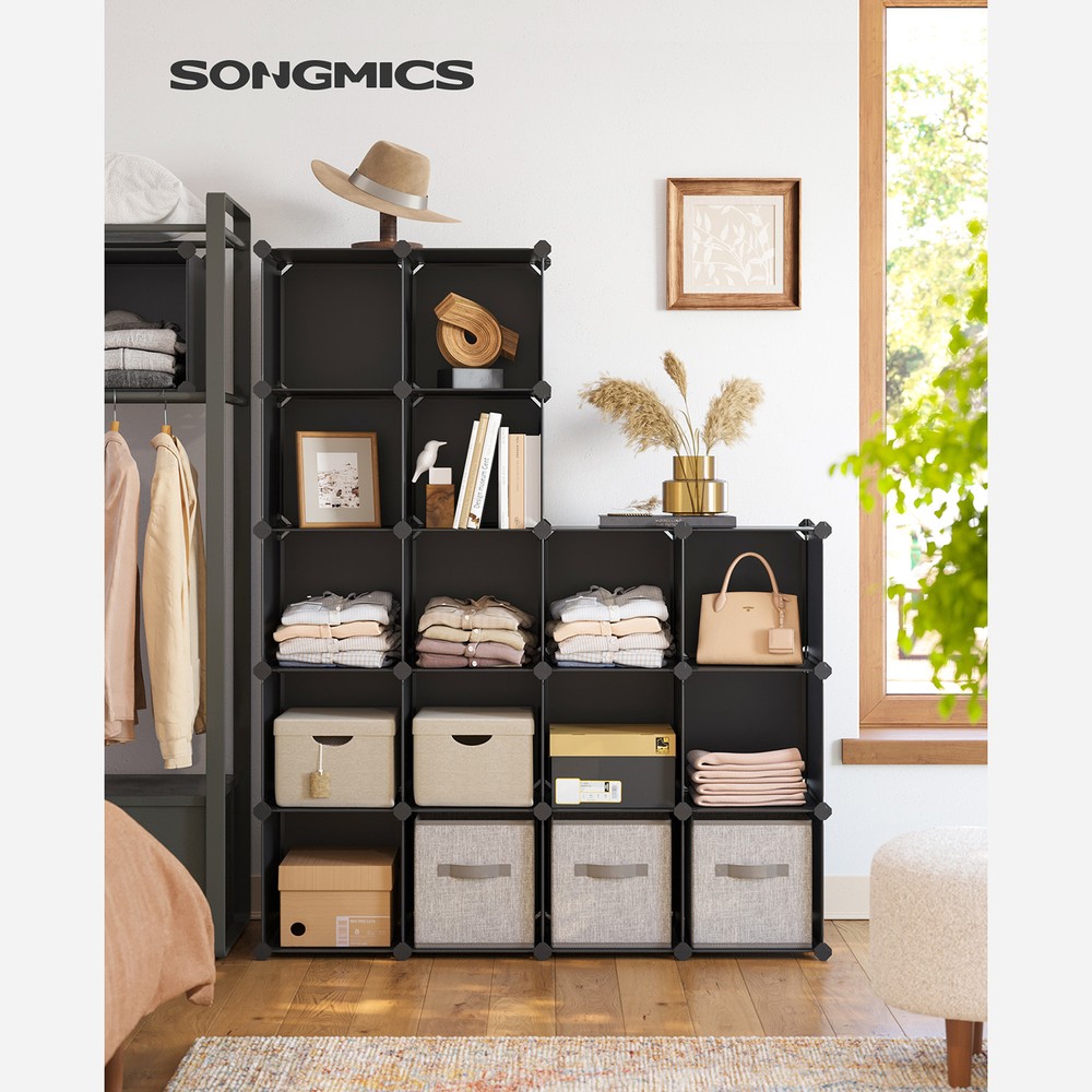 Oppbevaringskuber i plast med 16 rom, 123 x 123 cm – Svart / Modulhylle / Kubehylle med åpne rom