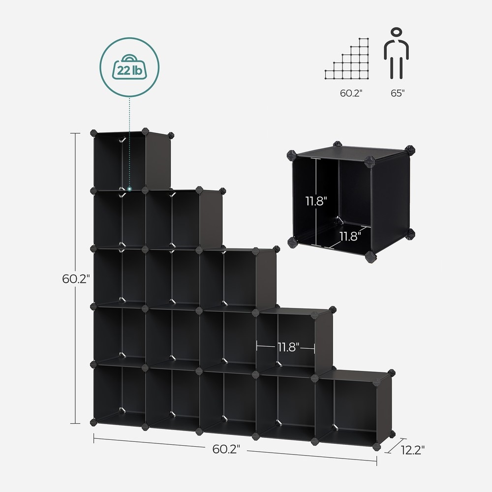 Oppbevaringskuber i plast med 16 rom, 123 x 123 cm – Svart / Modulhylle / Kubehylle med åpne rom