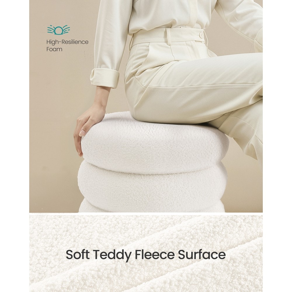 Rund sittepuff med oppbevaringsrom i teddystoff – Hvit / Polstret fotpuff / Sminkpall med lokk