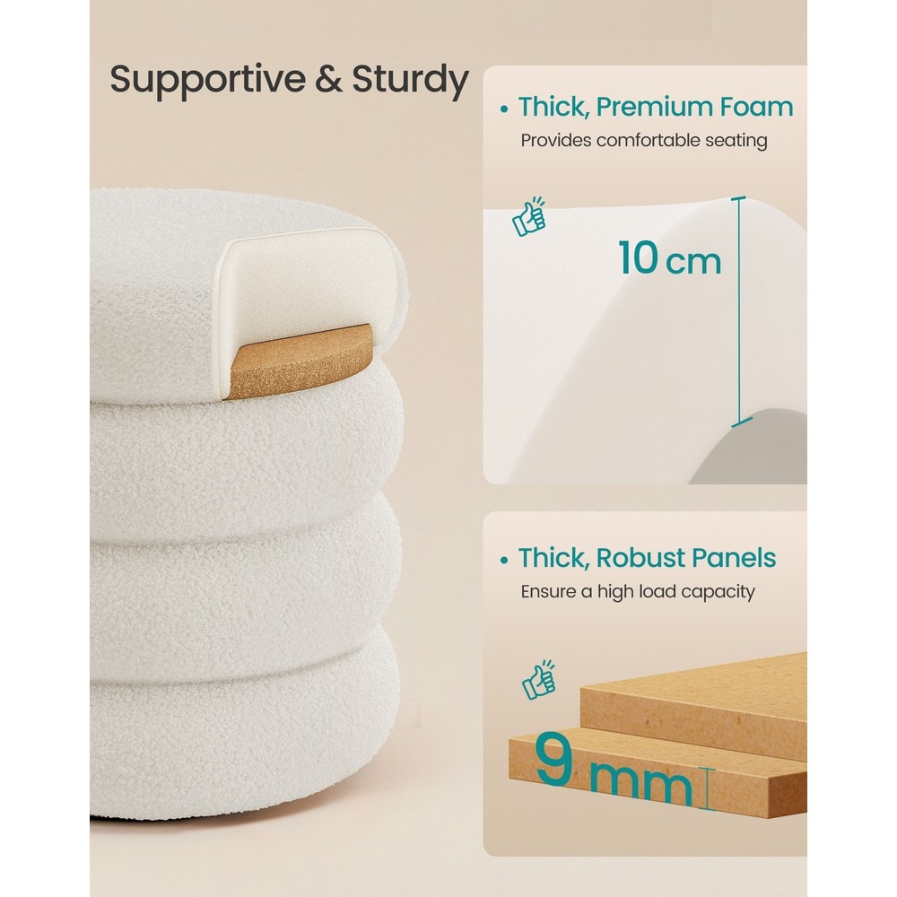 Rund sittepuff med oppbevaringsrom i teddystoff – Hvit / Polstret fotpuff / Sminkpall med lokk