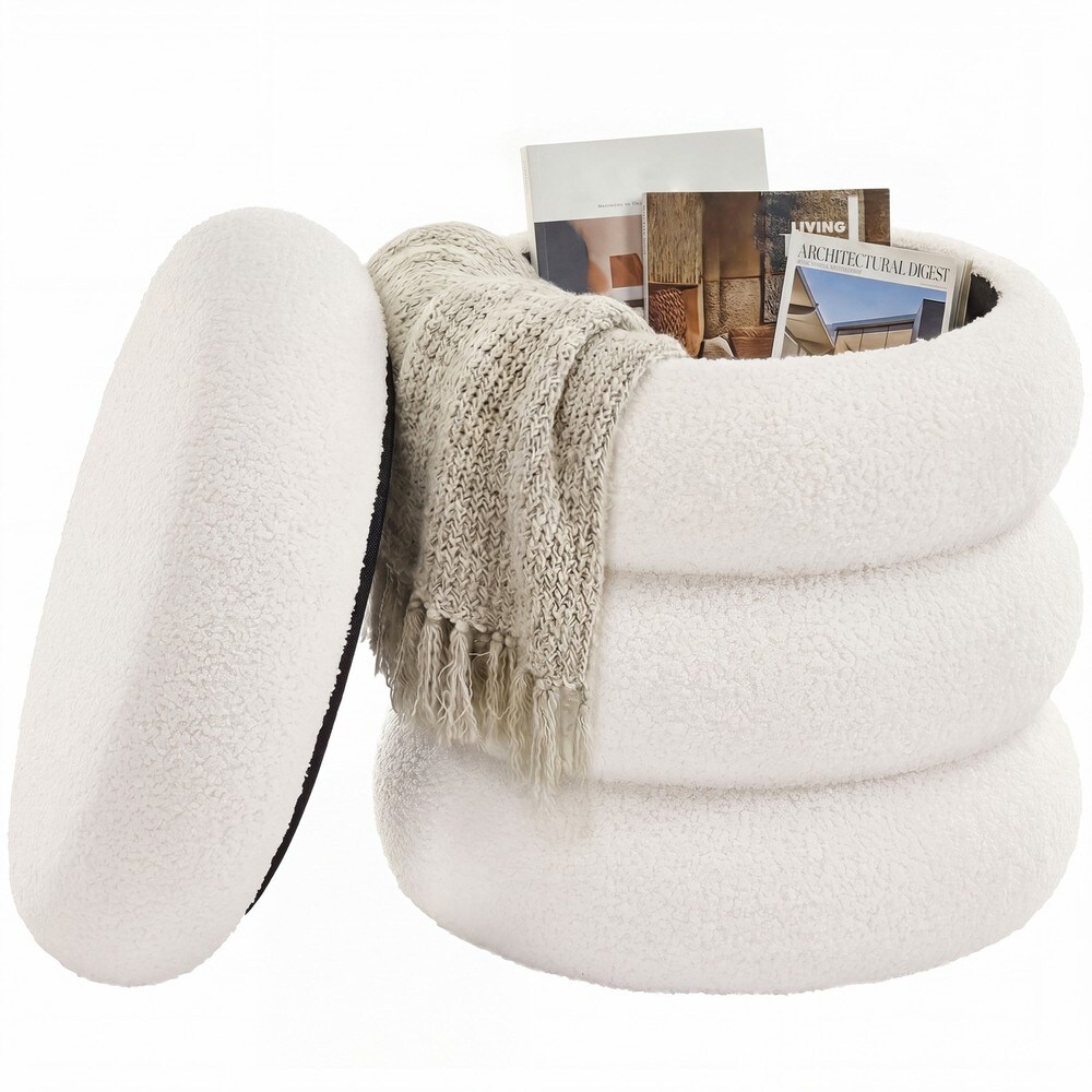 Rund sittepuff med oppbevaringsrom i teddystoff – Hvit / Polstret fotpuff / Sminkpall med lokk