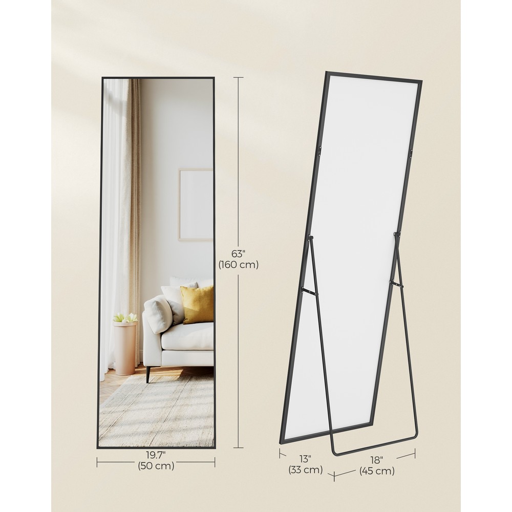 Helkroppsspeil med stativ og aluminiumsramme 160 x 50 cm – Svart / Gulvspeil / Veggspeil
