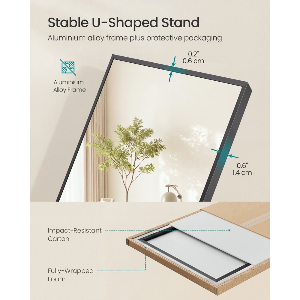 Helkroppsspeil med stativ og aluminiumsramme 160 x 50 cm – Svart / Gulvspeil / Veggspeil