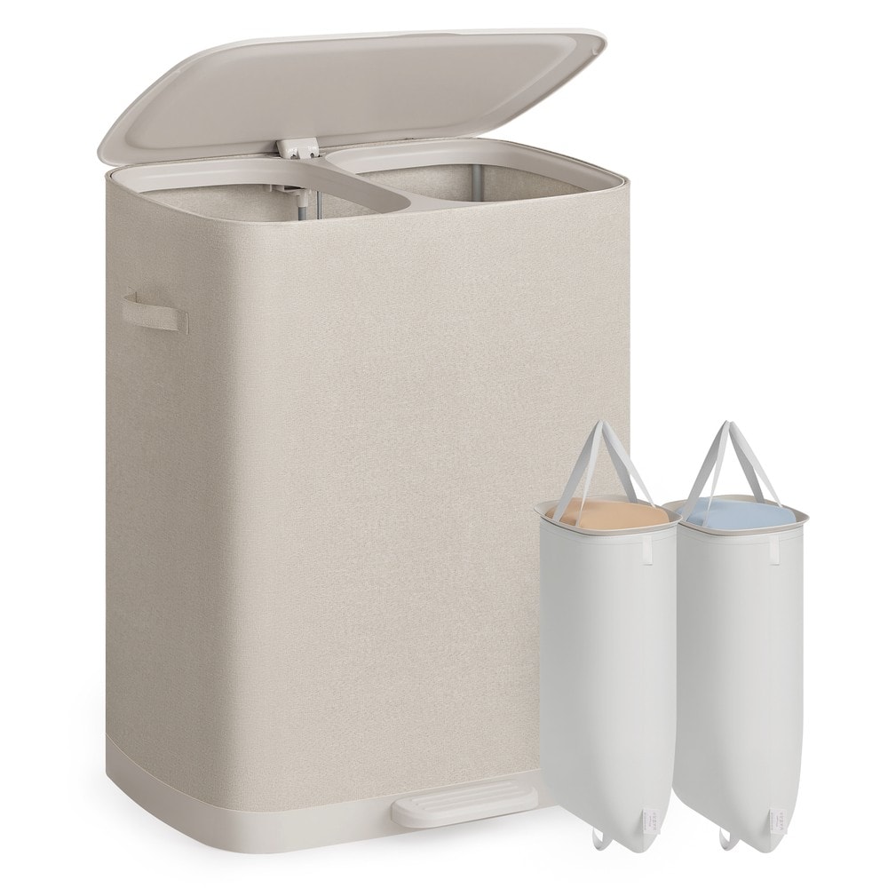 Vaskekurv med lokk og 2 rom, 160 l, 56 x 40 x 75 cm – Beige / Vaskesorterer / Vaskebeholder