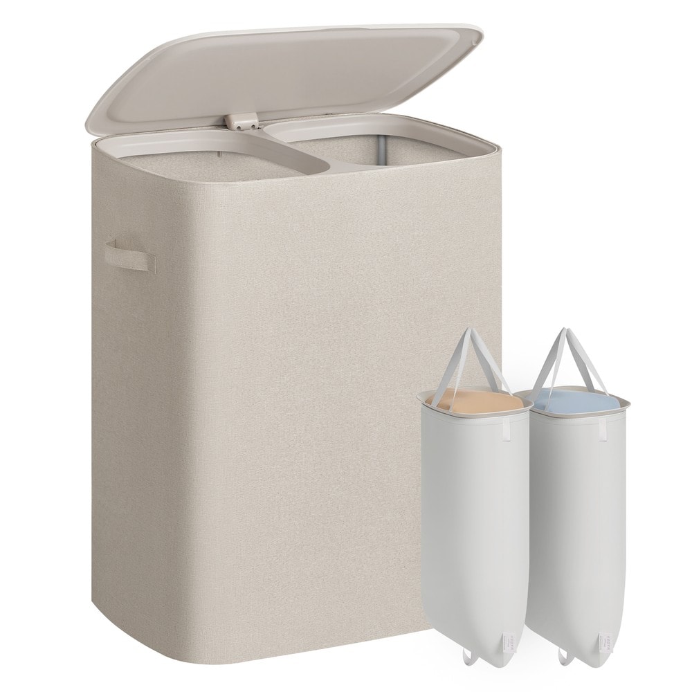 Vaskeromskurv med lokk og 2 rom, 160 l, 56 x 40 x 70 cm – Beige / Vaskesorterer / Vaskebeholder