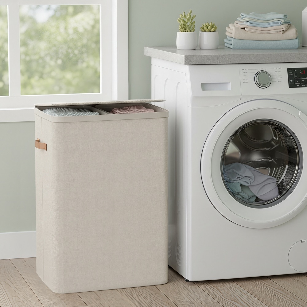 Vaskekurv med lokk og 2 rom – Beige / Vaskesorterer 170 liter / Dobbel vaskebeholder