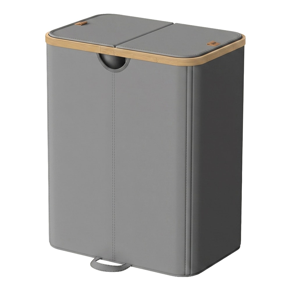 Vaskekurv med lokk og 2 rom, 150 liter – Grå/Bambu / Vaskesorterer / Vaskebeholder