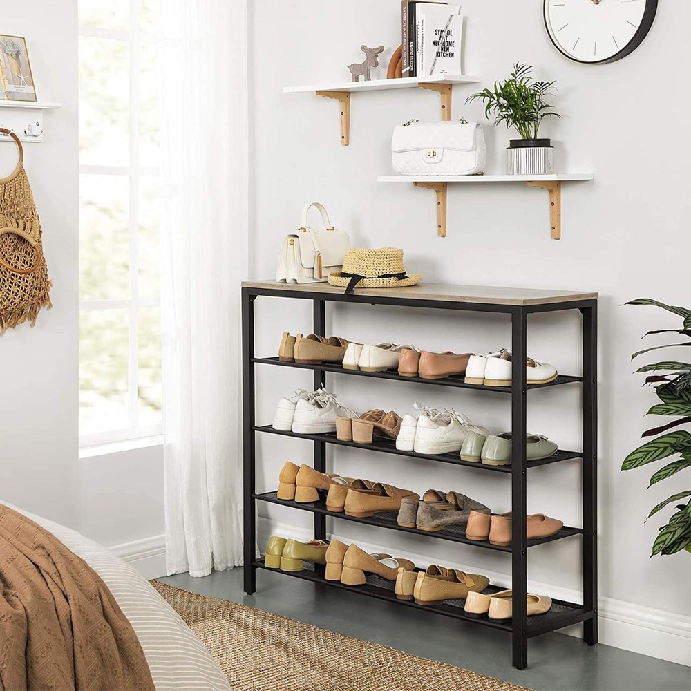 Skohylle i industriell stil med 4 nettingrom, 100 cm – Gråbeige/Svart / Skohylle / Skooppbevaring