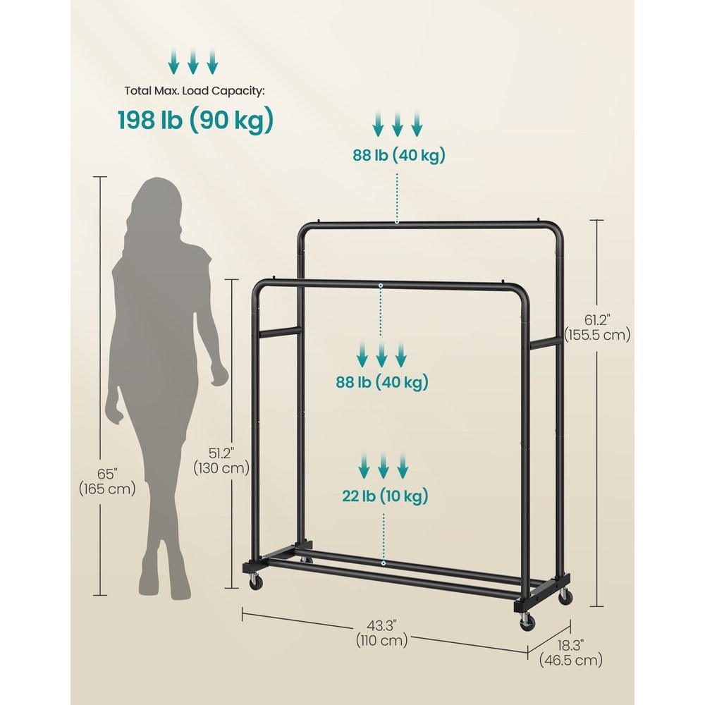Klesstativ på hjul med to klesstenger, 110 cm – Svart / Klesstativ / Klesstativ