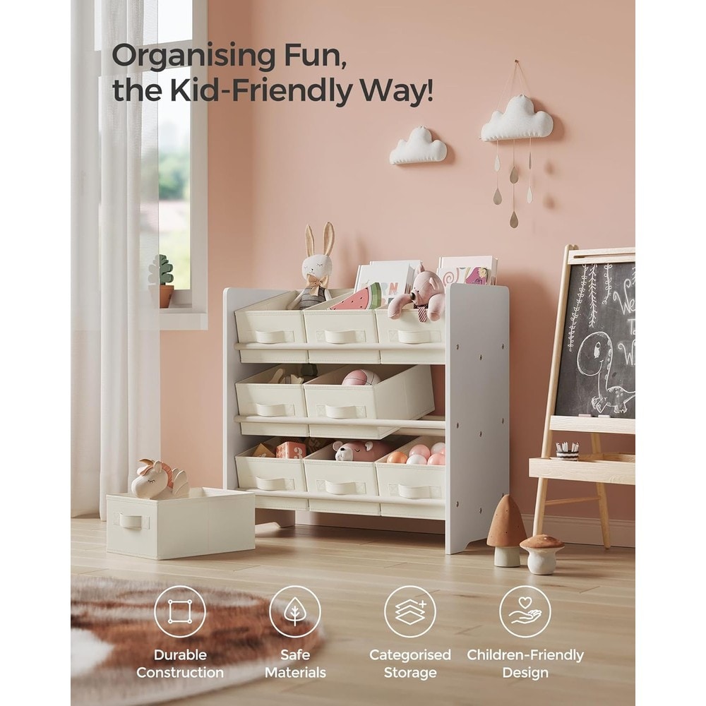 Lekeshelf med 9 stoffkasser – Hvit / Lekeoppbevaring med kasser / Oppbevaringshylle for barn