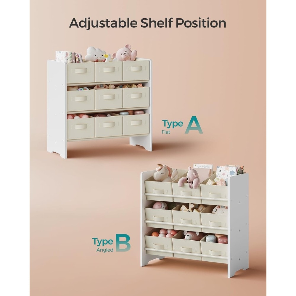Lekeshelf med 9 stoffkasser – Hvit / Lekeoppbevaring med kasser / Oppbevaringshylle for barn