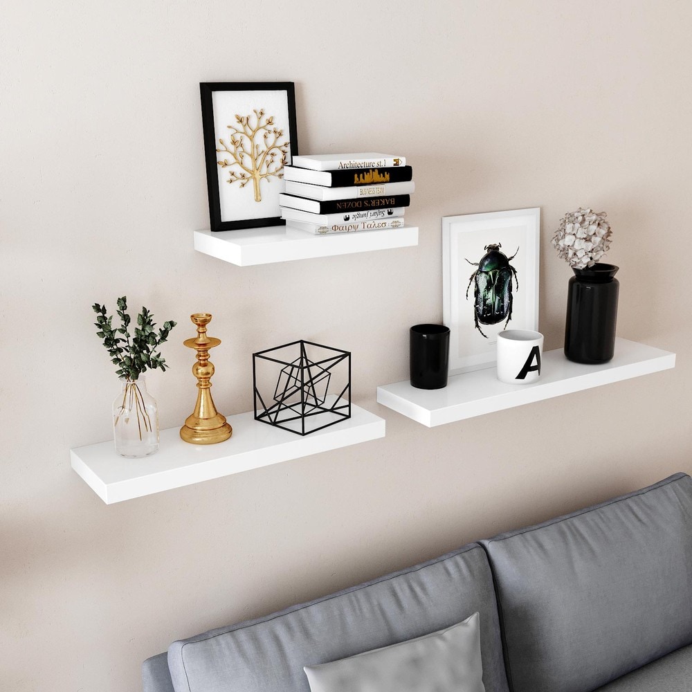 Hengende vegghylle 40 x 20 cm – Hvit / Vegghylle med skjult feste / Dekorativ hylle i MDF