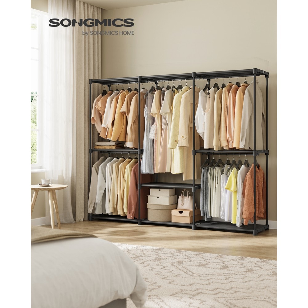 Åpen garderobe med 5 klesstenger og hyller, 205 x 43 x 166 cm – Svart / Klesstativ / Kleshylle