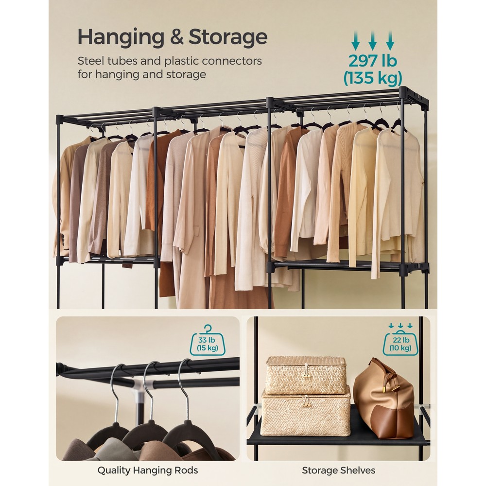Åpen garderobe med 5 klesstenger og hyller, 205 x 43 x 166 cm – Svart / Klesstativ / Kleshylle