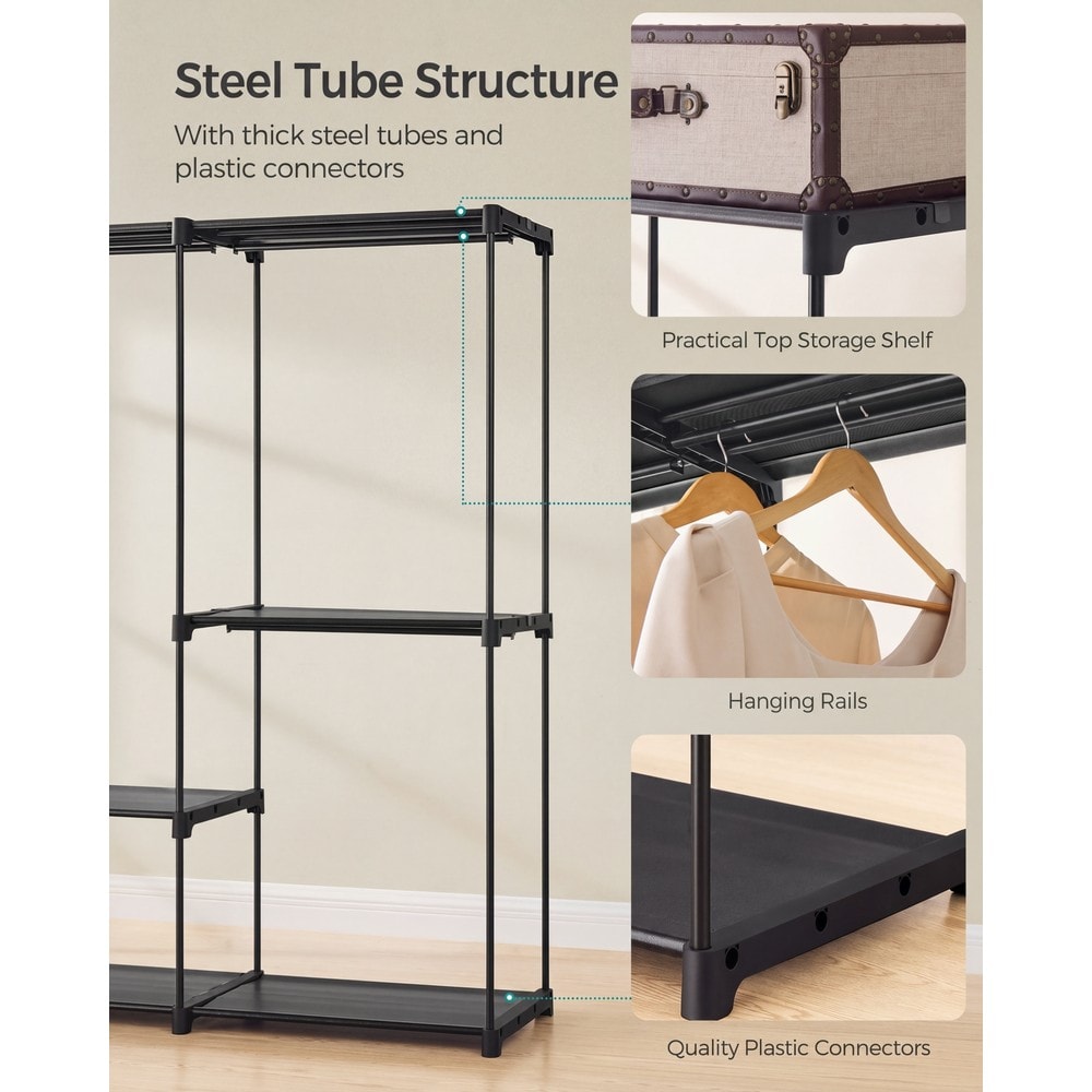 Åpen garderobe med 5 klesstenger og hyller, 205 x 43 x 166 cm – Svart / Klesstativ / Kleshylle