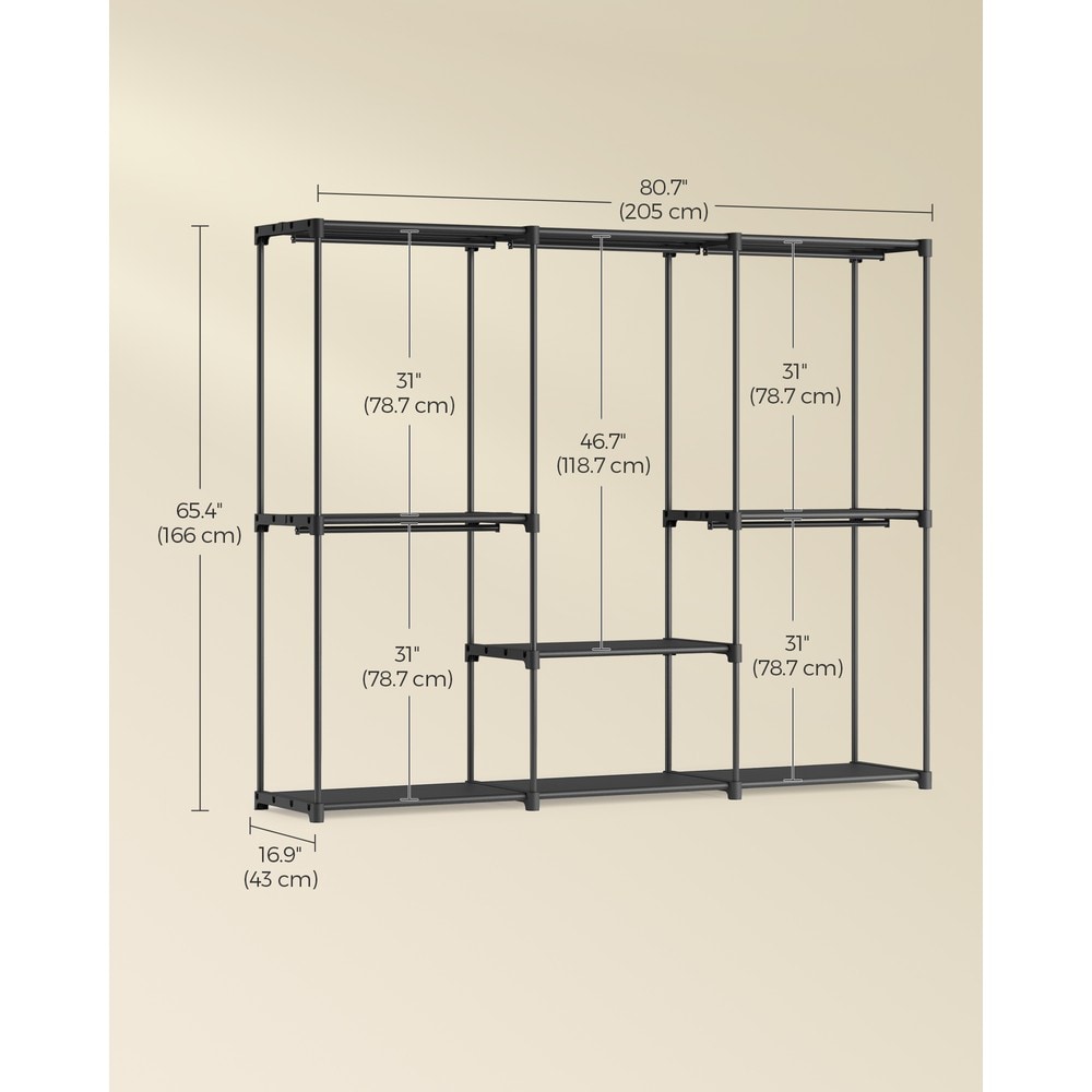 Åpen garderobe med 5 klesstenger og hyller, 205 x 43 x 166 cm – Svart / Klesstativ / Kleshylle
