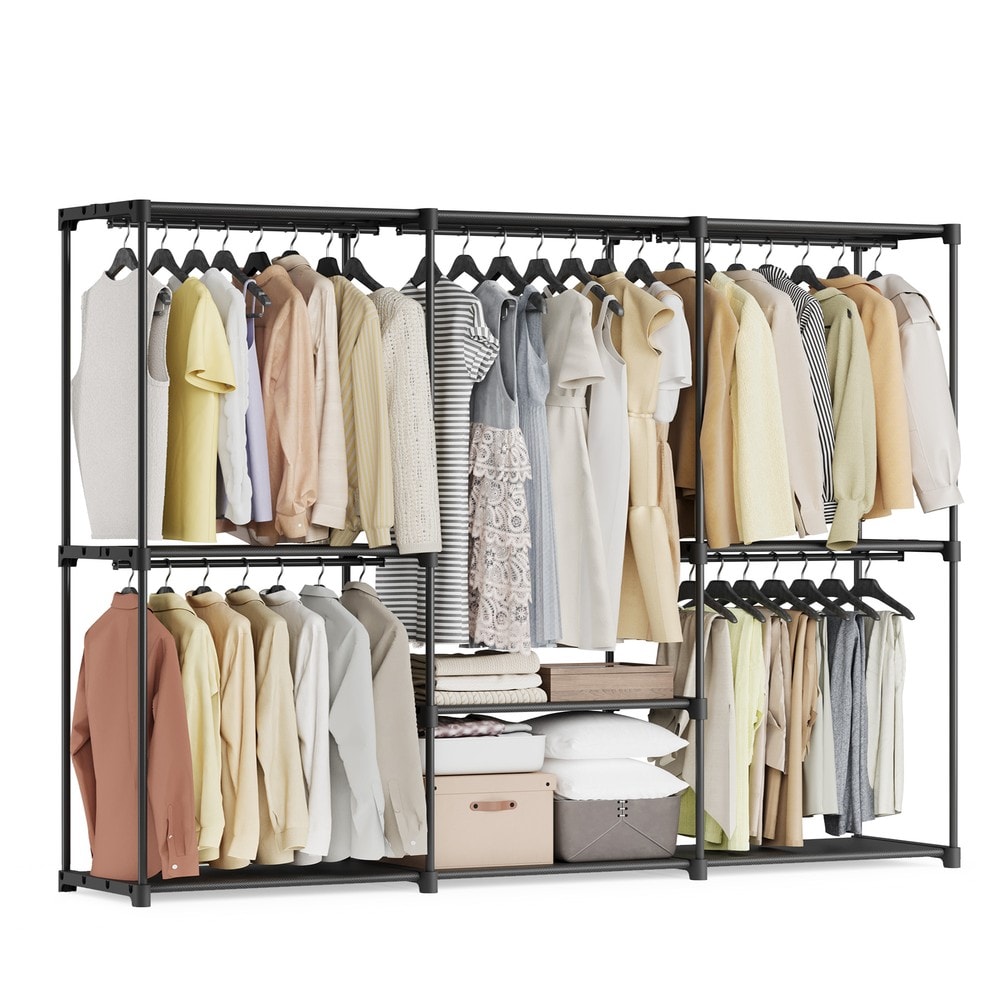 Åpen garderobe med 5 klesstenger og hyller, 205 x 43 x 166 cm – Svart / Klesstativ / Kleshylle