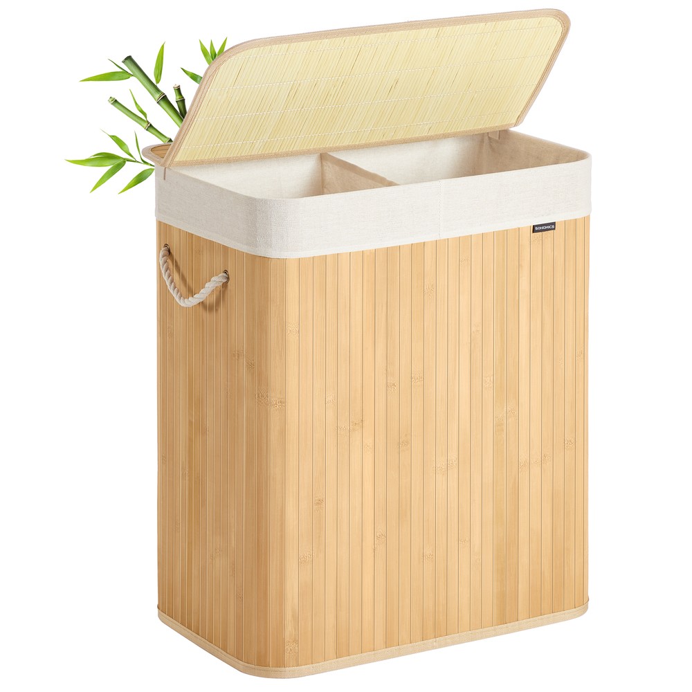 Sammenleggbar vaskekurv i bambus med lokk og 2 rom, 100 liter – Natur / Vaskebalje / Vaskesorterer