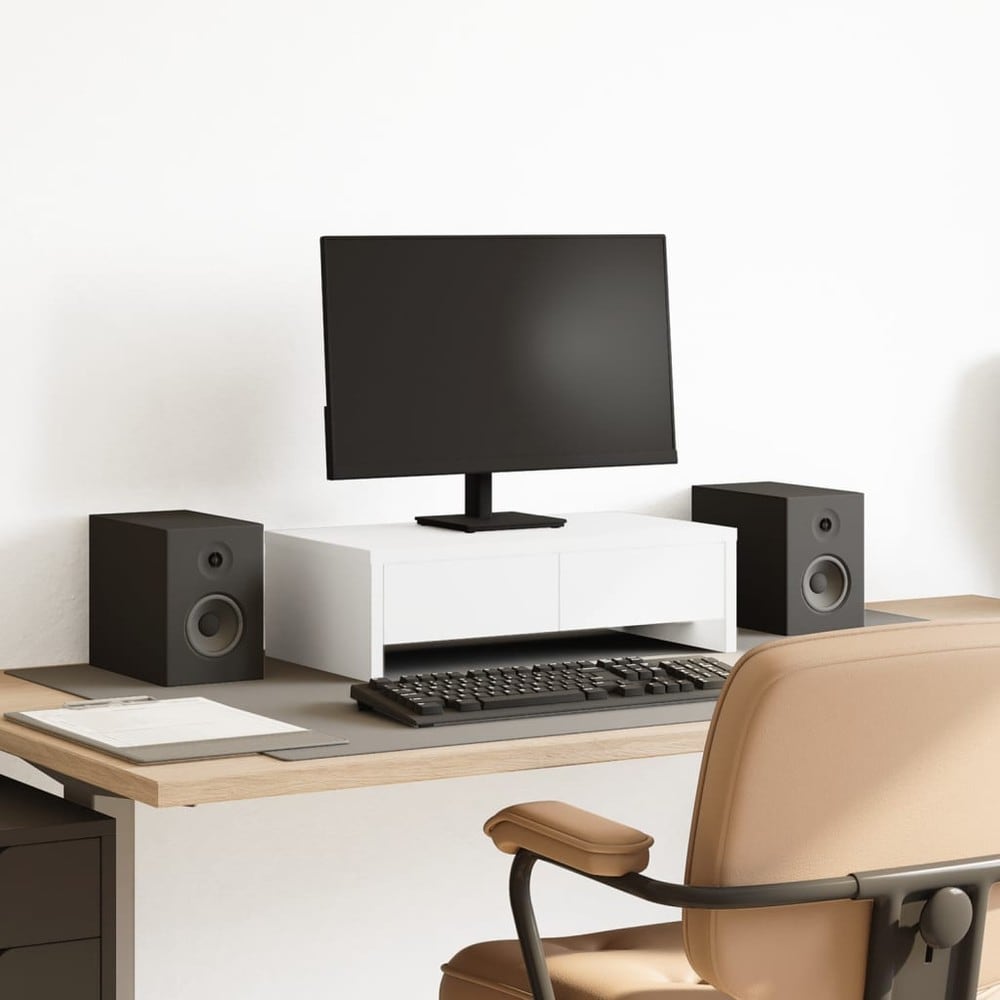 Skjermstativ 50×27×15 cm / monitorstativ med 2 skuffer / skjermhever – Hvit