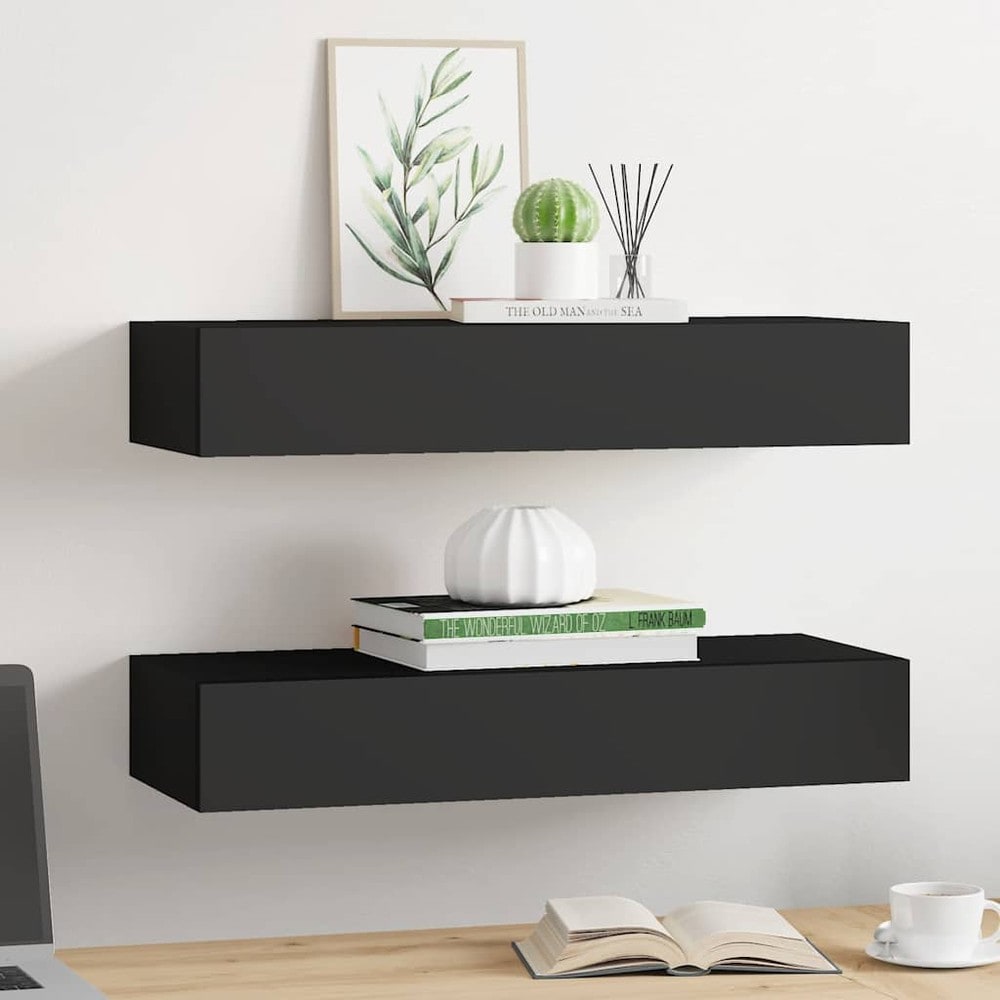 2 stk vegghyller med skuff 60×23,5×10 cm / vegghengte skuffer – Svart