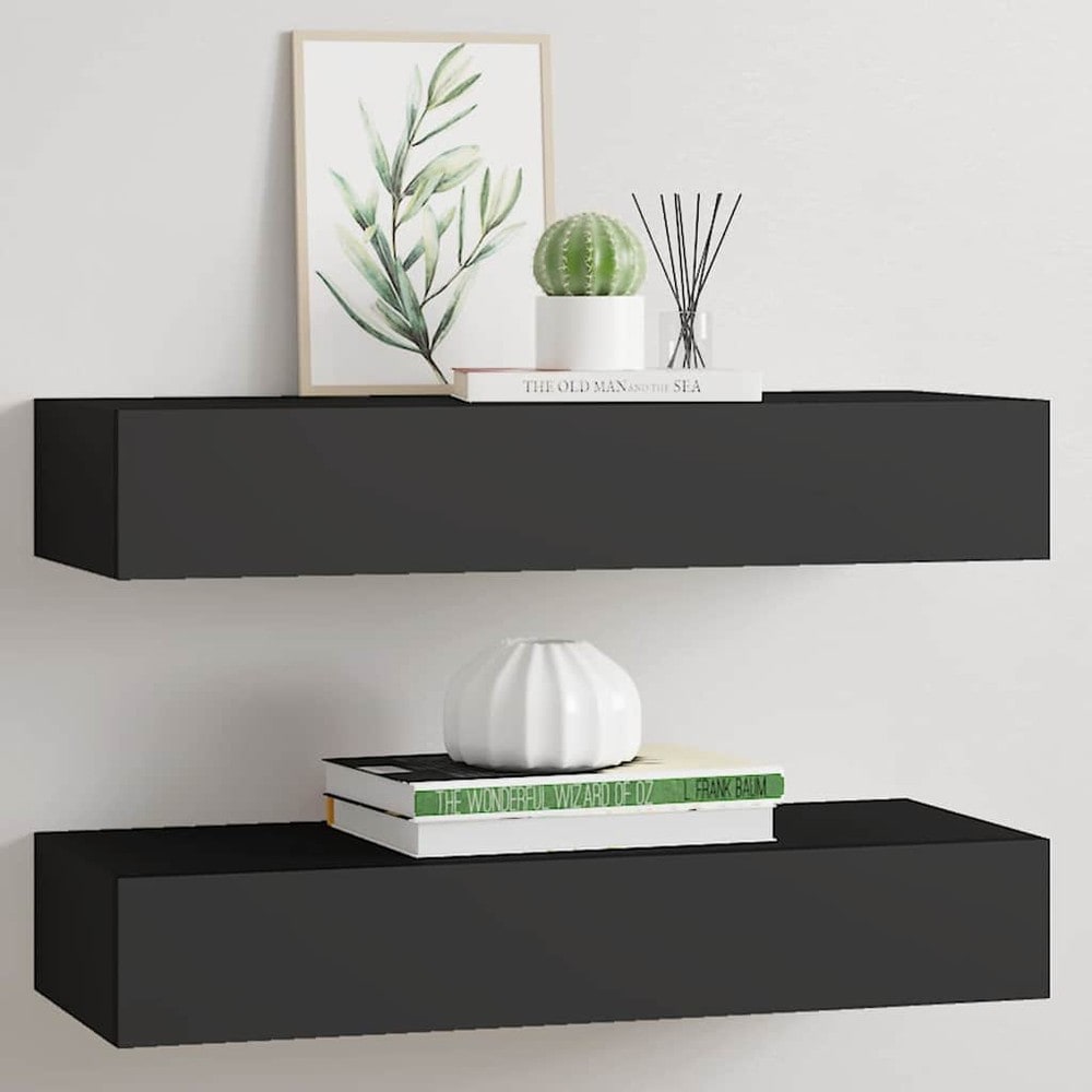 2 stk vegghyller med skuff 60×23,5×10 cm / vegghengte skuffer – Svart