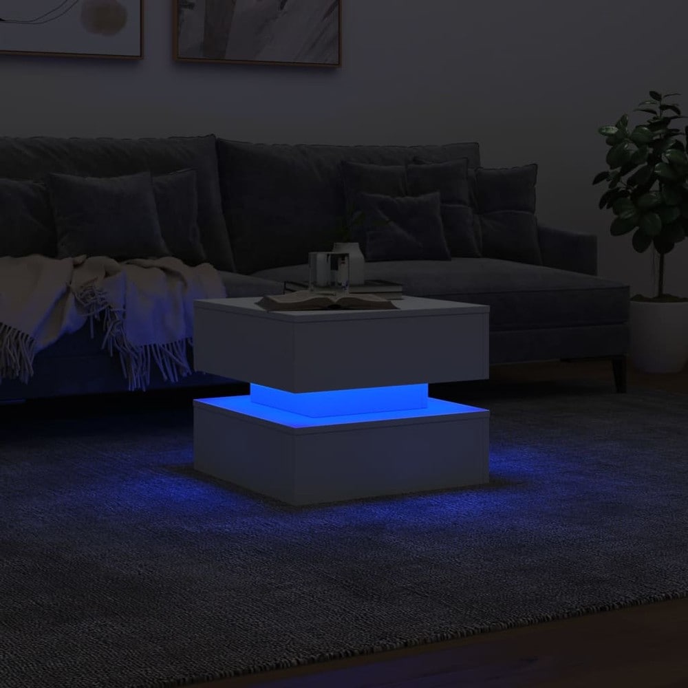 Salongbord 50×50×40 cm / stuebord med RGB-LED-belysning / sidebord – Hvit