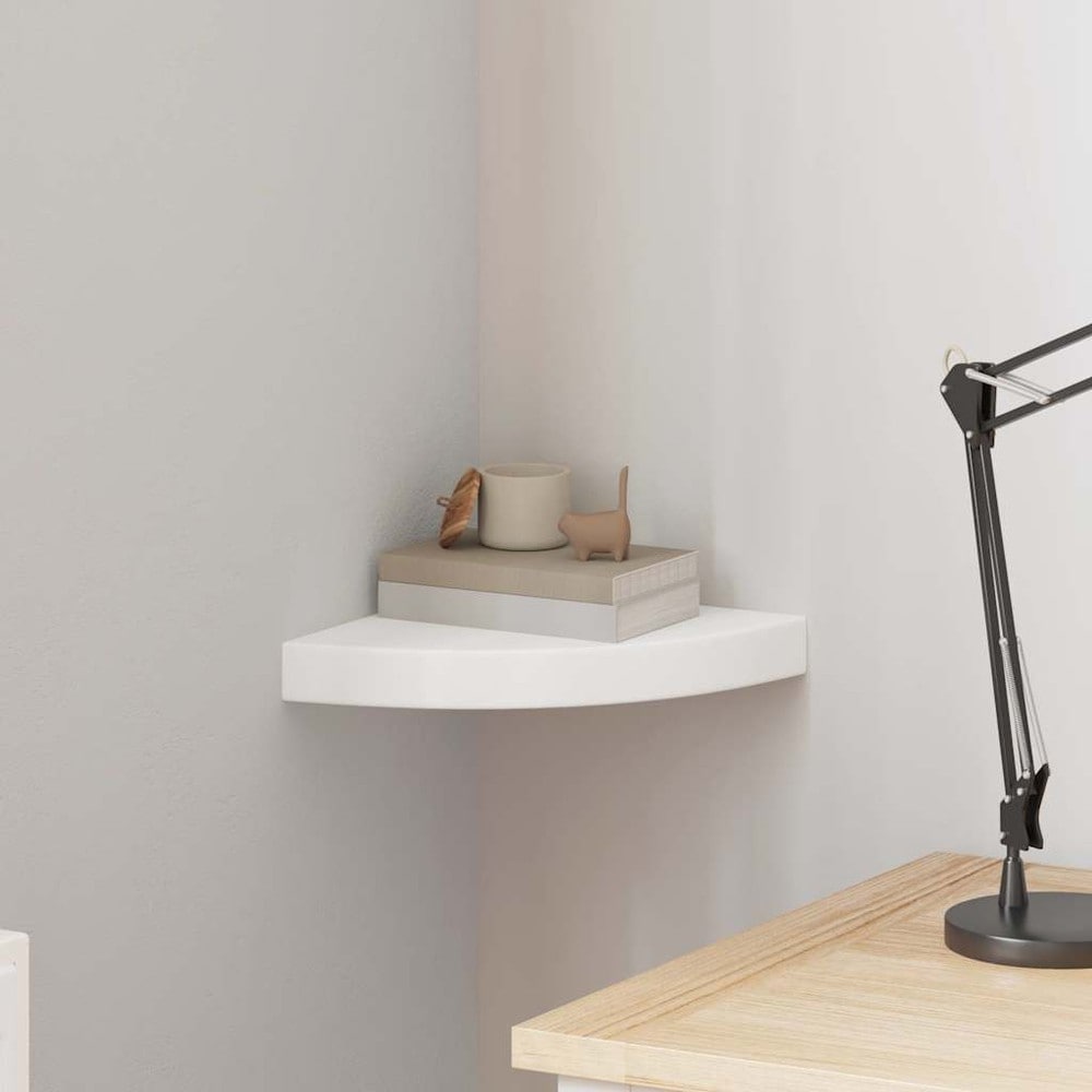 Hjørnehylle 25×25×3,8 cm / svevende vegghylle med skjult montering – Hvit