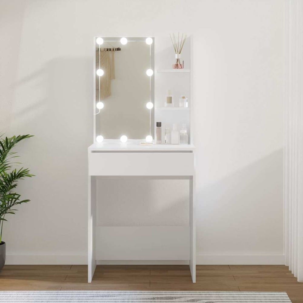 Sminkbord 60×40×140 cm / toalettbord med speil og LED-belysning – Hvit