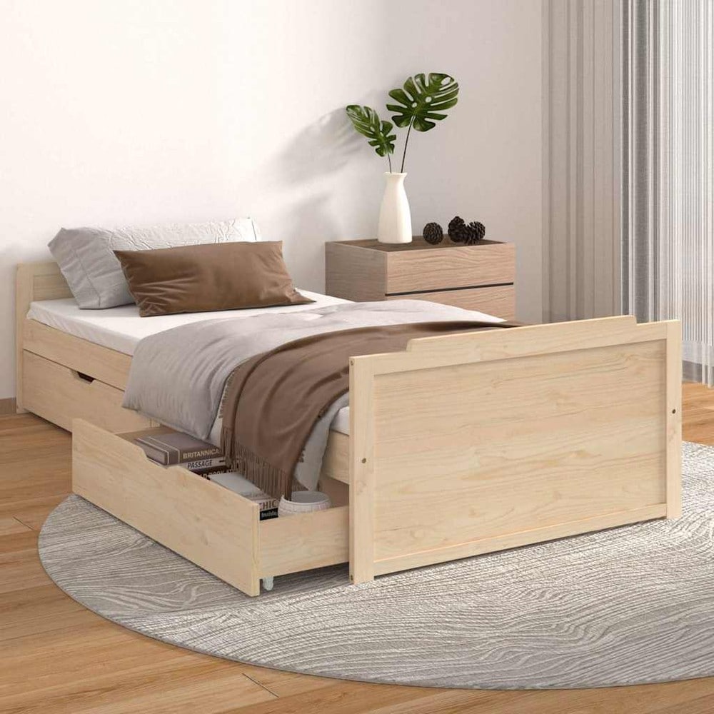 Sengeramme 90×200 cm / enkeltseng med oppbevaringsskuffer / seng i massiv furu – Natur