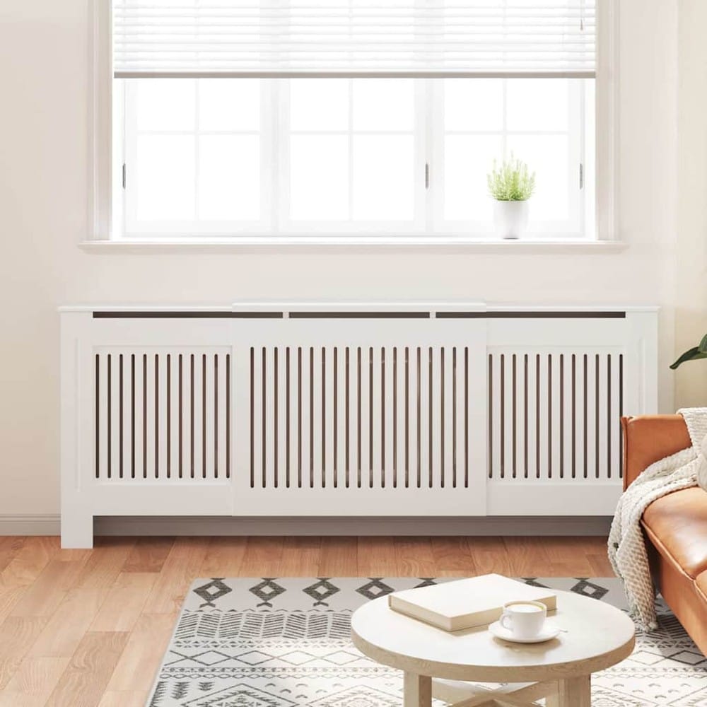 Elementbeskyttelse 142–205×20,5×81,5 cm / radiatorbeskyttelse med ribber og hylle – Hvit