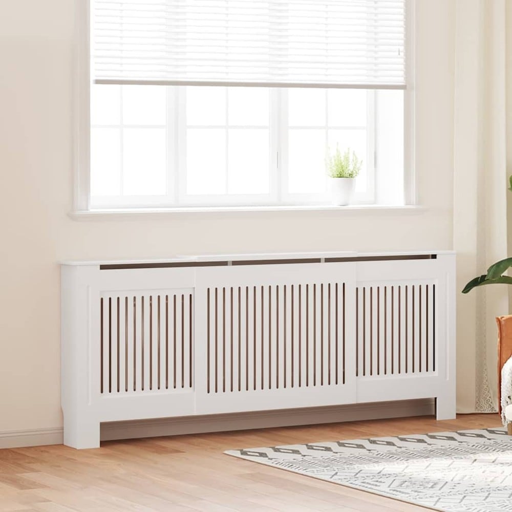 Elementbeskyttelse 142–205×20,5×81,5 cm / radiatorbeskyttelse med ribber og hylle – Hvit