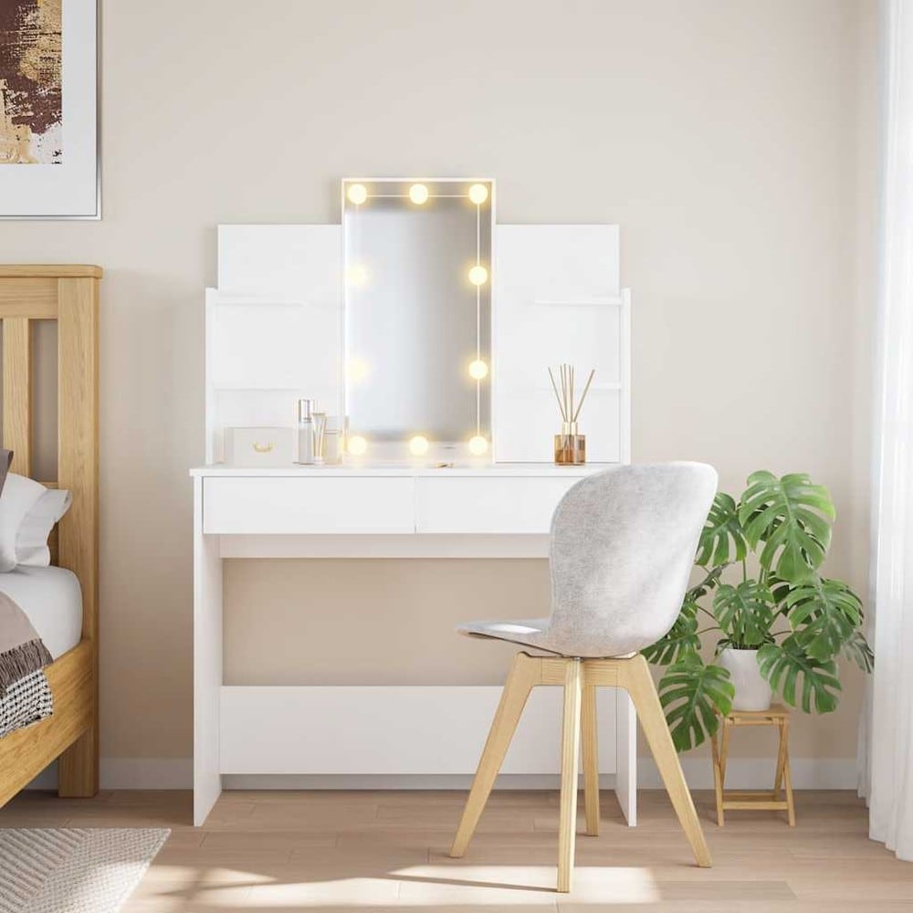 Sminkbord 96×40×142 cm / toalettbord med speil og justerbar LED-belysning – Hvit
