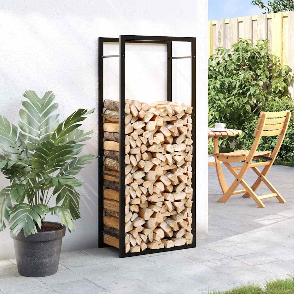 Vedstativ 50×28×132 cm / vedoppbevaring i stål – Mattsvart