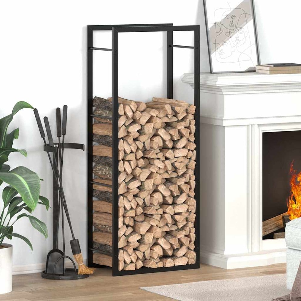 Vedstativ 50×28×132 cm / vedoppbevaring i stål – Mattsvart