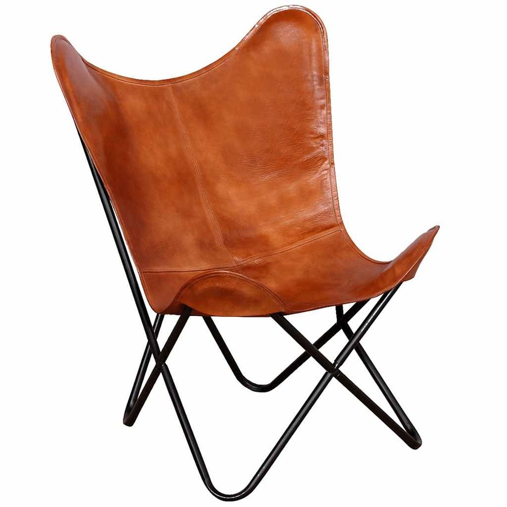 Flaggermusstol i ekte skinn / sommerfuglstol / Butterfly-stol med metallram – Brun