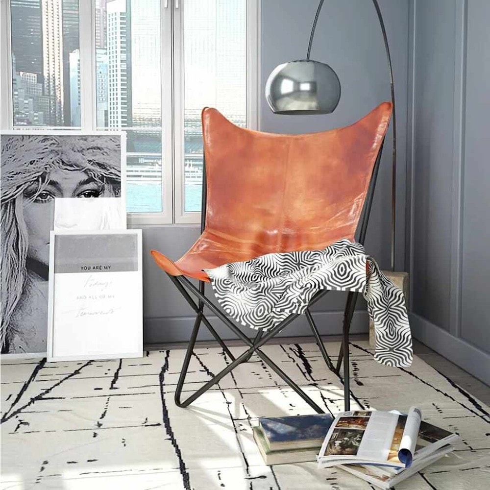 Flaggermusstol i ekte skinn / sommerfuglstol / Butterfly-stol med metallram – Brun