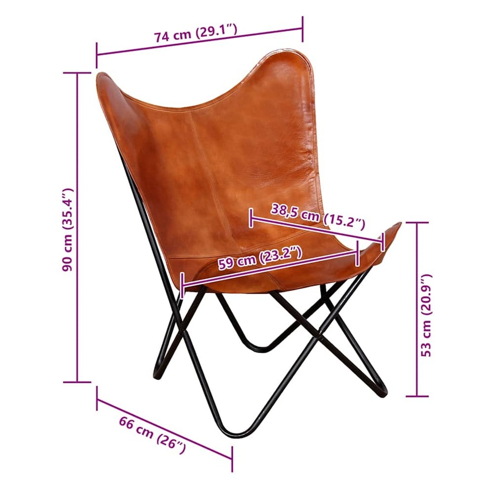 Flaggermusstol i ekte skinn / sommerfuglstol / Butterfly-stol med metallram – Brun