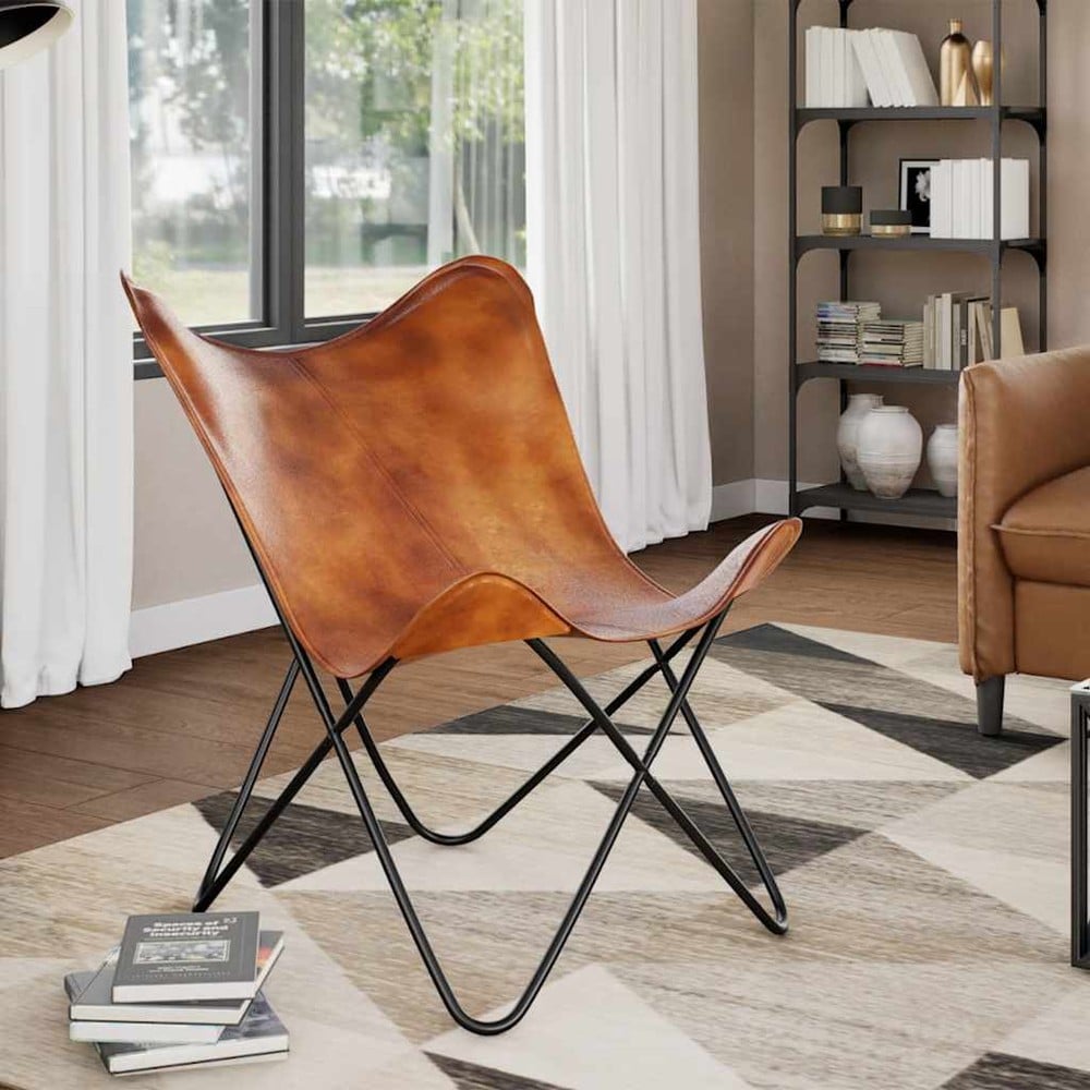 Flaggermusstol i ekte skinn / sommerfuglstol / Butterfly-stol med metallram – Brun