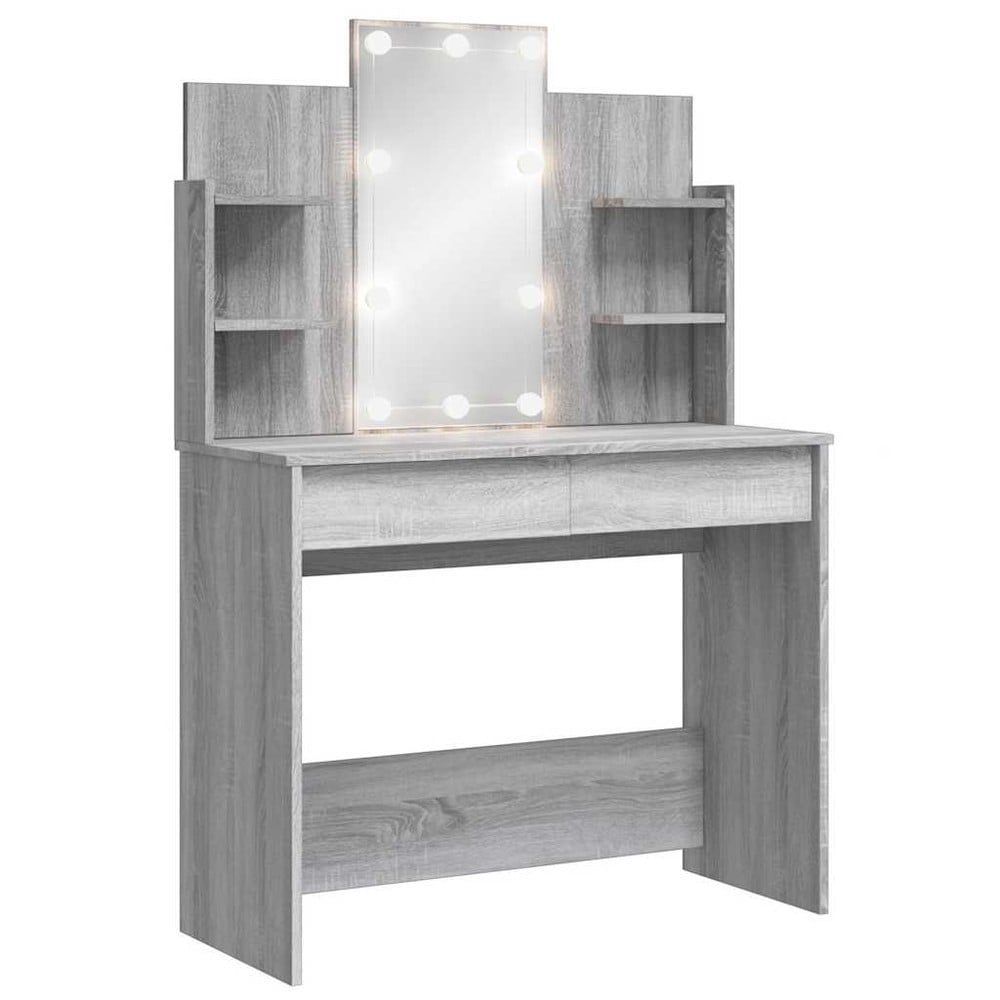 Sminkebord 96×40×142 cm / toalettbord med speil, LED-belysning og oppbevaring – Grå