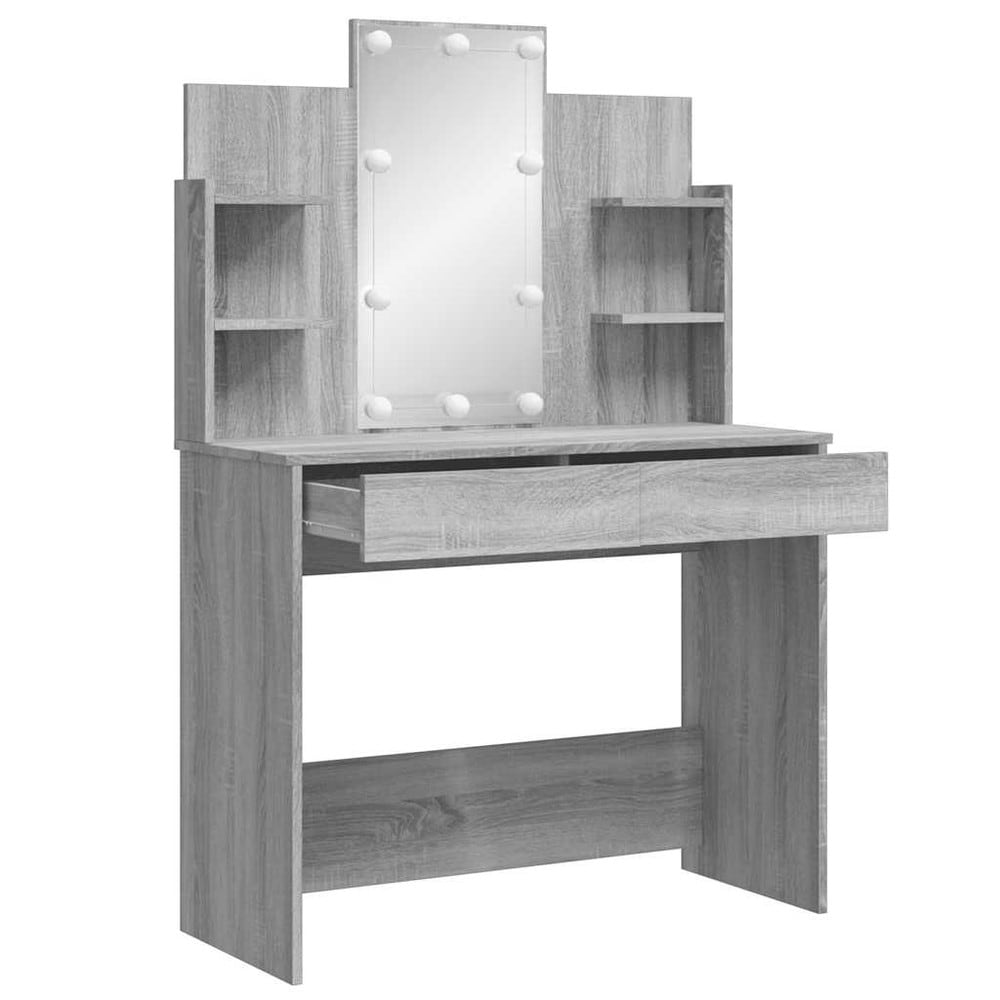 Sminkebord 96×40×142 cm / toalettbord med speil, LED-belysning og oppbevaring – Grå
