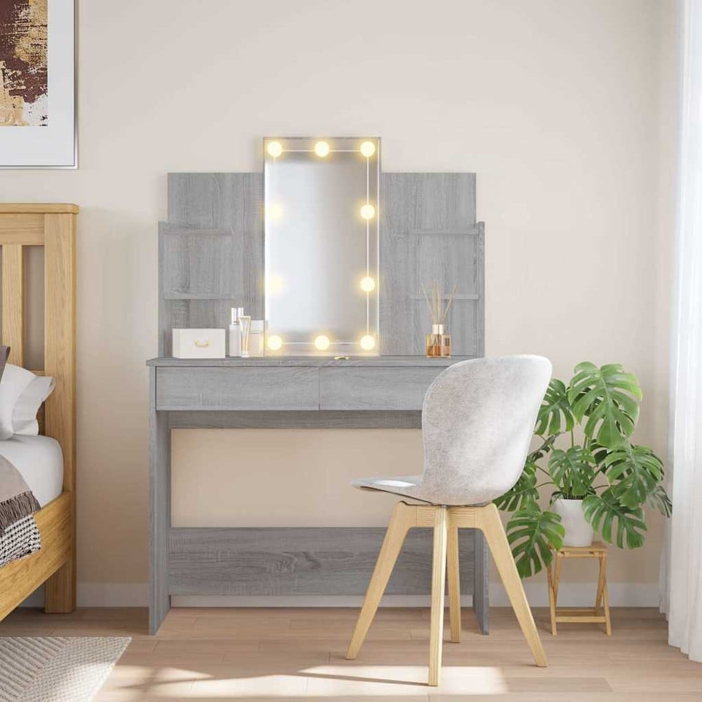 Sminkebord 96×40×142 cm / toalettbord med speil, LED-belysning og oppbevaring – Grå