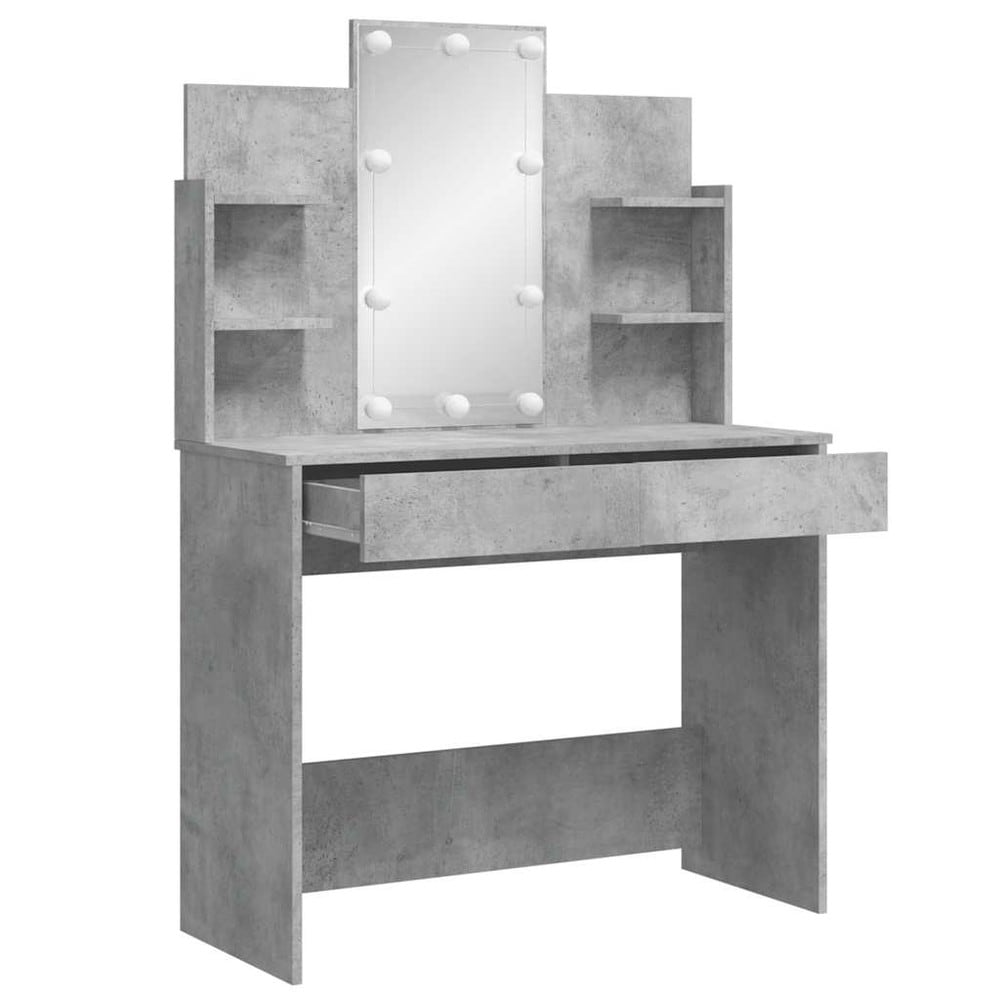 Sminkebord 96×40×142 cm / toalettbord med speil, LED-belysning og oppbevaring – Betonggrå