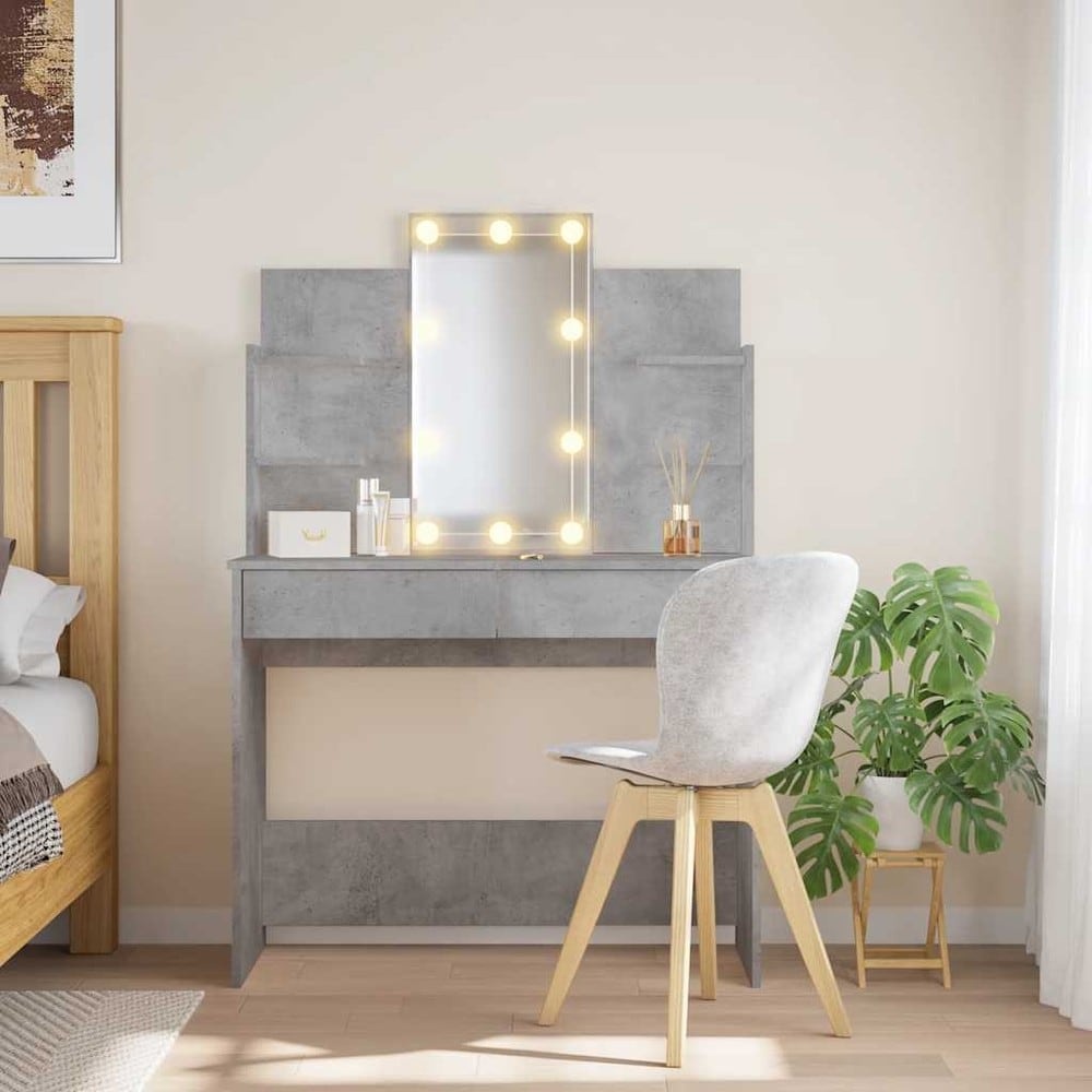 Sminkebord 96×40×142 cm / toalettbord med speil, LED-belysning og oppbevaring – Betonggrå