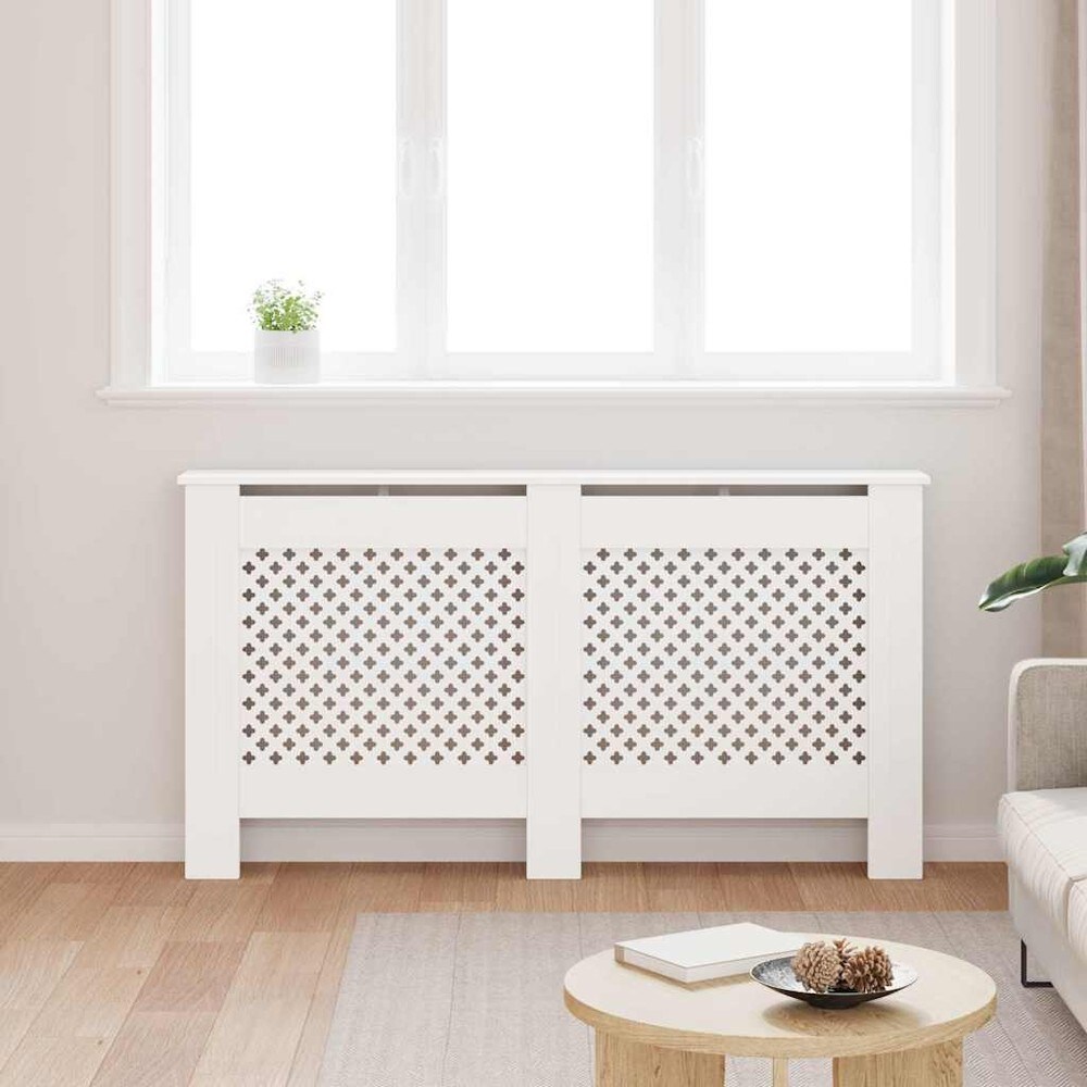 Radiatorskjuler 152×19×81,5 cm / radiatordeksel med hylle og lamelldesign – Hvit