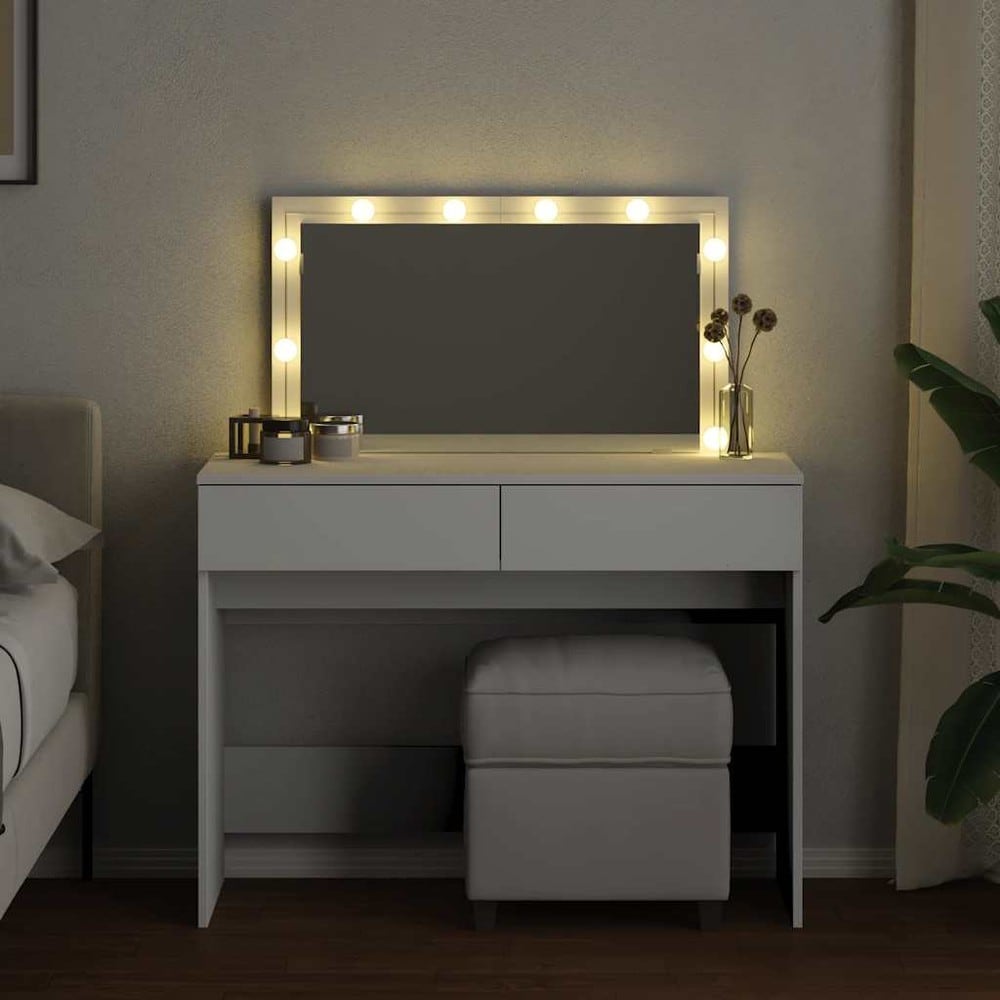 Sminkebord 100×40×120 cm / toalettbord med speil, LED-belysning og 2 skuffer – Hvit