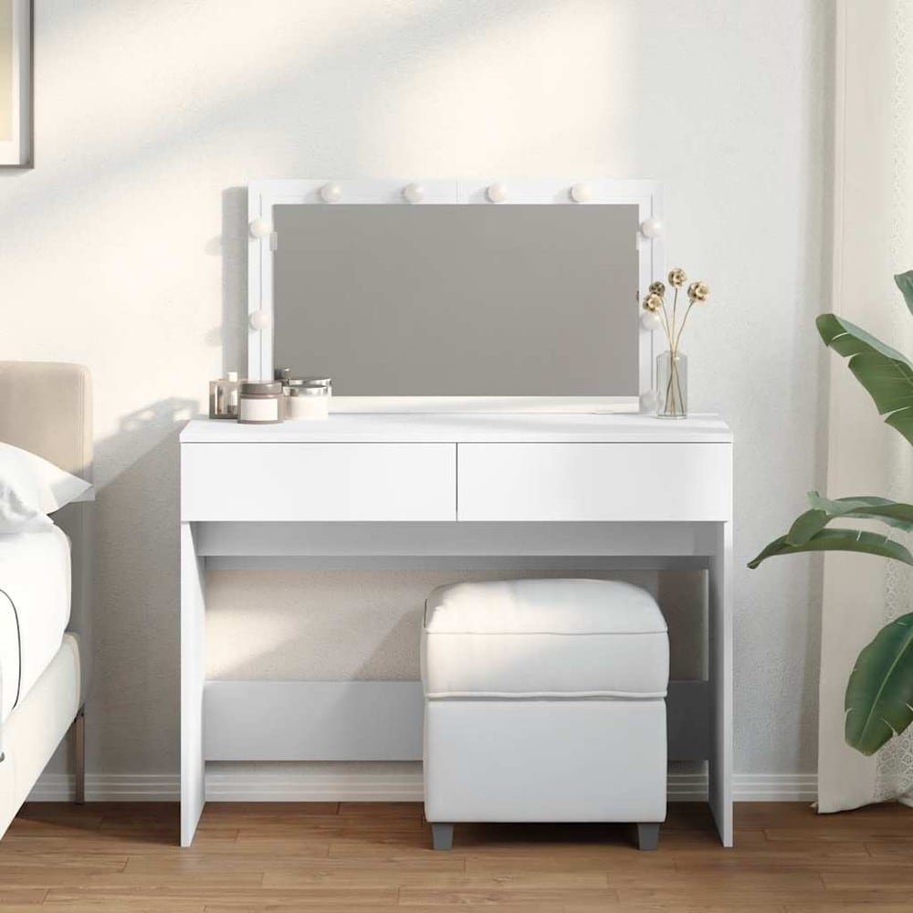 Sminkebord 100×40×120 cm / toalettbord med speil, LED-belysning og 2 skuffer – Hvit