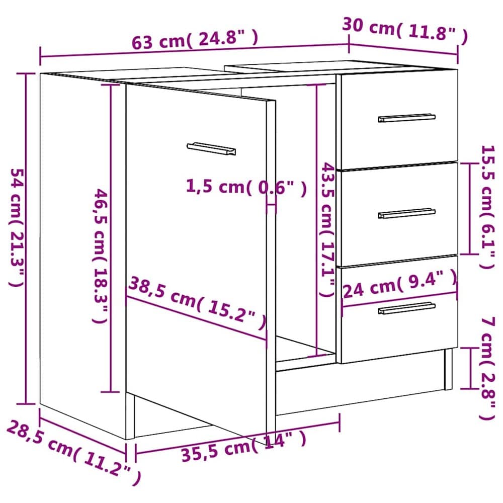 Servantskap 63×30×54 cm / underskap til servant / baderomsskap med 3 skuffer – Hvit
