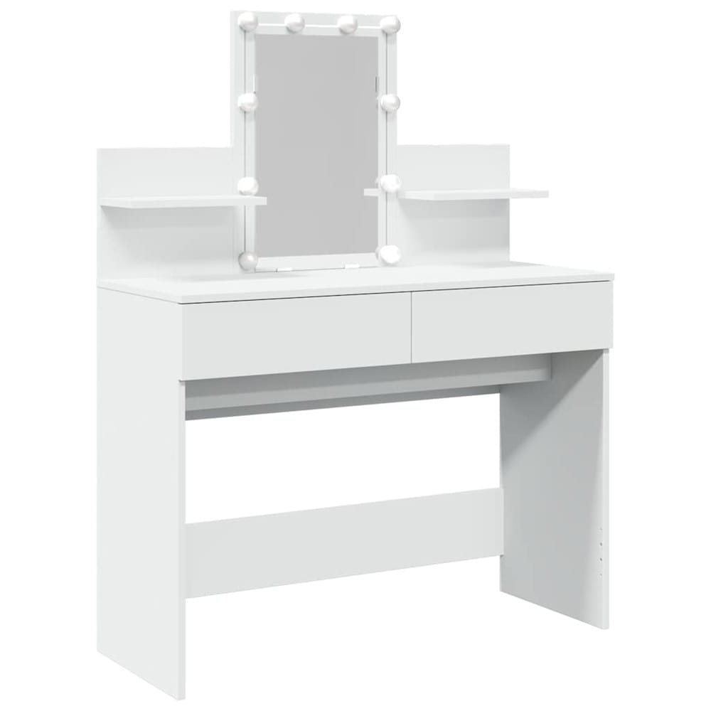 Sminkebord 100×40×130 cm / toalettbord med speil, LED-belysning, 2 skuffer og 2 hyller – Hvit