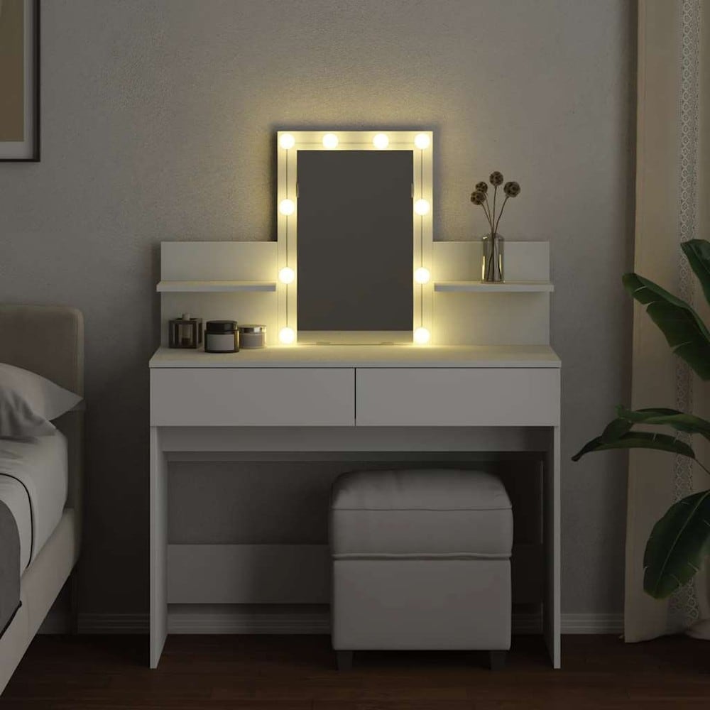 Sminkebord 100×40×130 cm / toalettbord med speil, LED-belysning, 2 skuffer og 2 hyller – Hvit